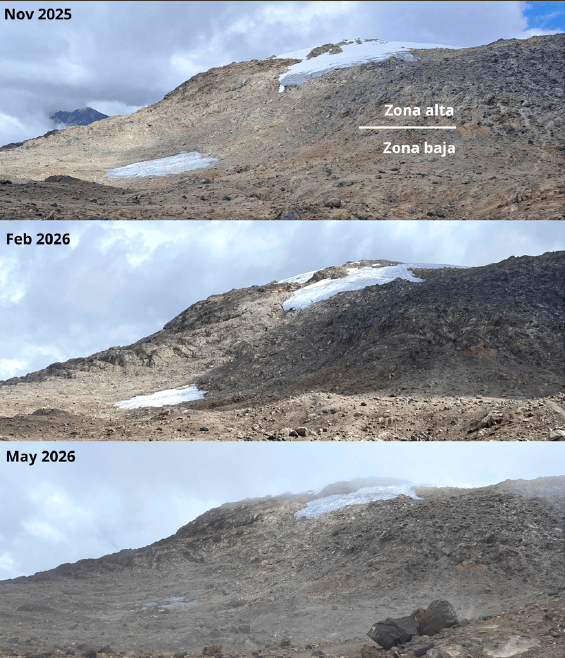Esta es la secuencia de imágenes del glaciar El Hongo, que perdió su parte baja en los últimos meses.