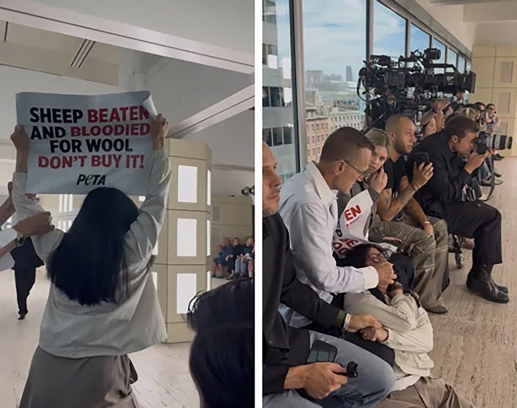 Fotografías cedidas por la organización PETA que muestra una persona protestando durante un desfile en la Semana de la Moda en Nueva York (EE.UU.). EFE/ PETA /