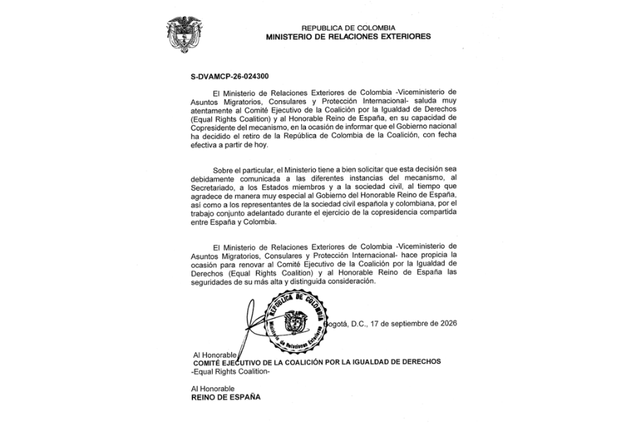 Carta del Ministerio de Relaciones Exteriores en la que se formaliza el retiro de Colombia de la Equal Rights Coalition.
