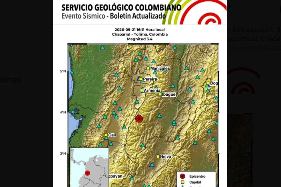 El lunes 21 de septiembre se han reportado 130 sismos en Chaparral, Tolima.
