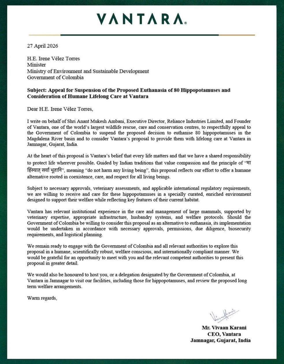 Carta que Vivaan Karani, CEO de Vantara, le dirigió a la ministra de Ambiente del momento, Irene Vélez, el 27 de abril de este año.