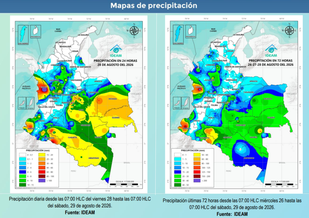 La zona morada en Chocó (lado izquierdo) indica precipitación extrema —más de 100 mm en 24 horas—, el mayor acumulado del país ese día y el epicentro de las inundaciones que arrasaron barrios y albergues. /Ideam