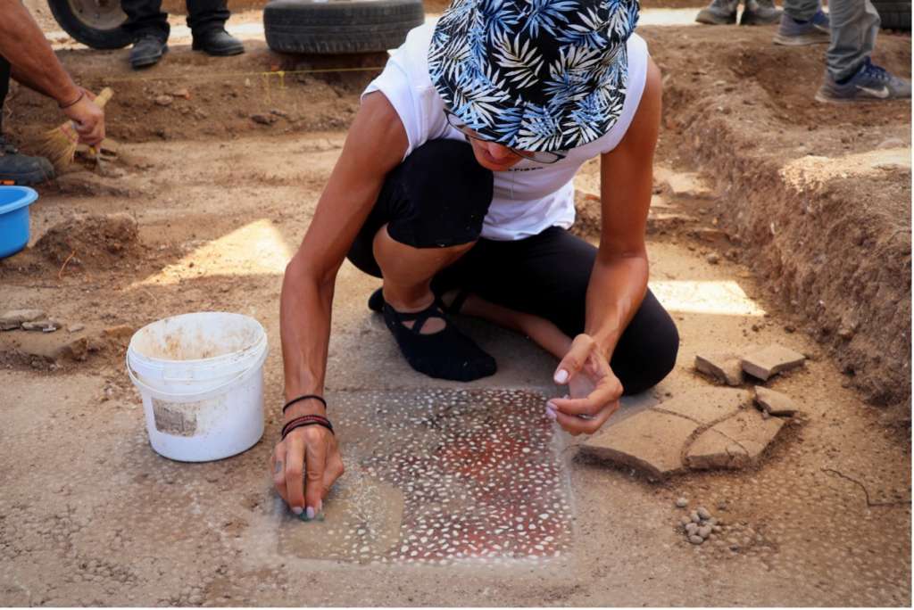 MIEZA (GRECIA), 01/10/2026.- Una arqueóloga limpia un mosaico hallado en el suelo de una sala de banquetes descubierto en las excavaciones del yacimiento arqueólogico de Mieza, en el norte de Grecia, donde se ha identificado estuvo la escuela en la que el filósofo griego Aristóteles educó hace más de 2.300 años al joven Alejandro Magno. EFE/Ministerio de Cultura de Grecia SOLO USO EDITORIAL/SOLO DISPONIBLE PARA ILUSTRAR LA NOTICIA QUE ACOMPAÑA (CRÉDITO OBLIGATORIO)