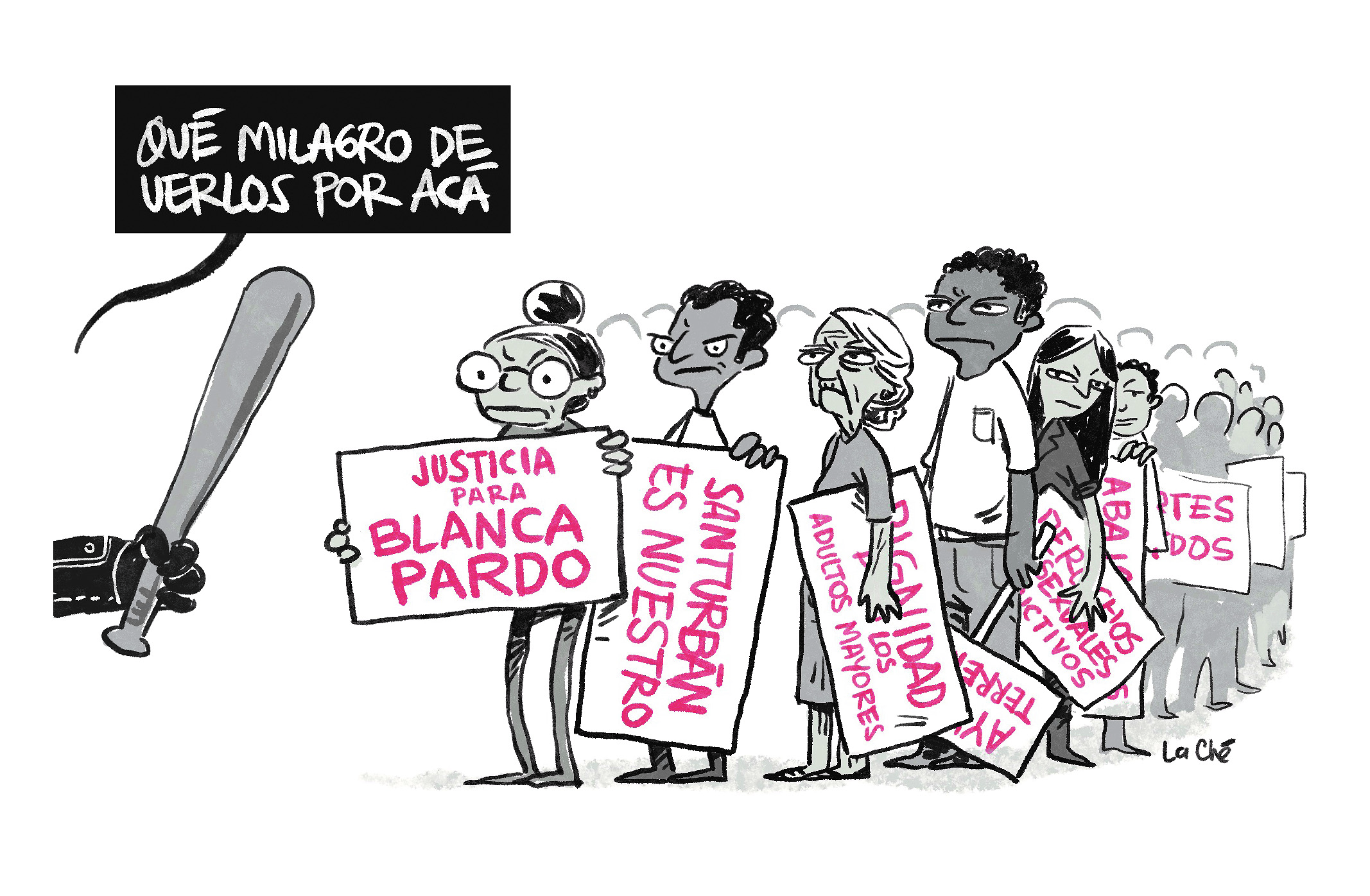 Caricatura de La Ché sobre las razones para protestar contra Abelardo de la Espriella y las decisiones que ha tomado en el Gobierno.
