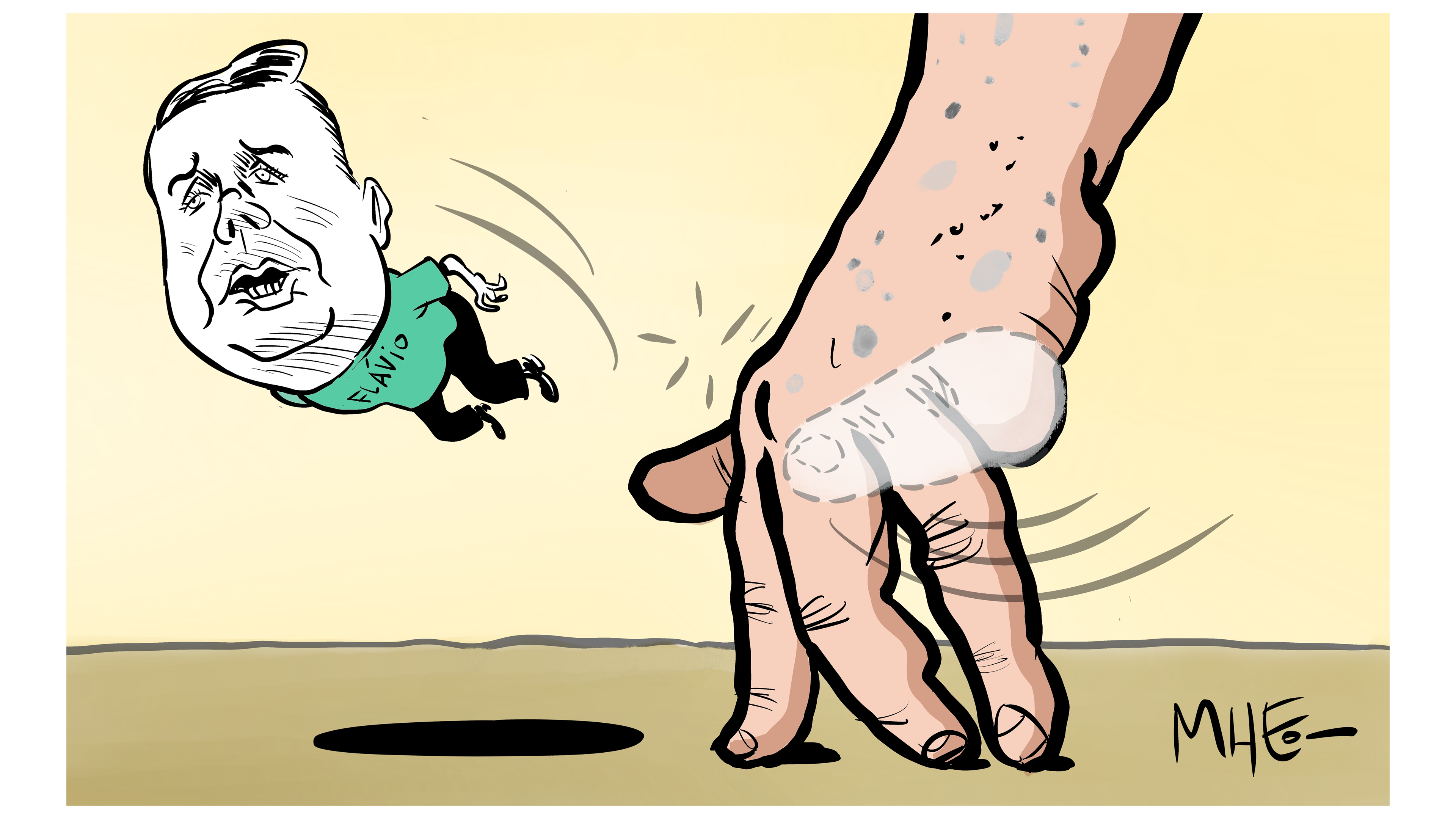 Caricatura de Mheo sobre el dedazo de Lula da Silva a Flávio Bolsonaro, quien se burló del accidente que tuvo al perder un dedo.