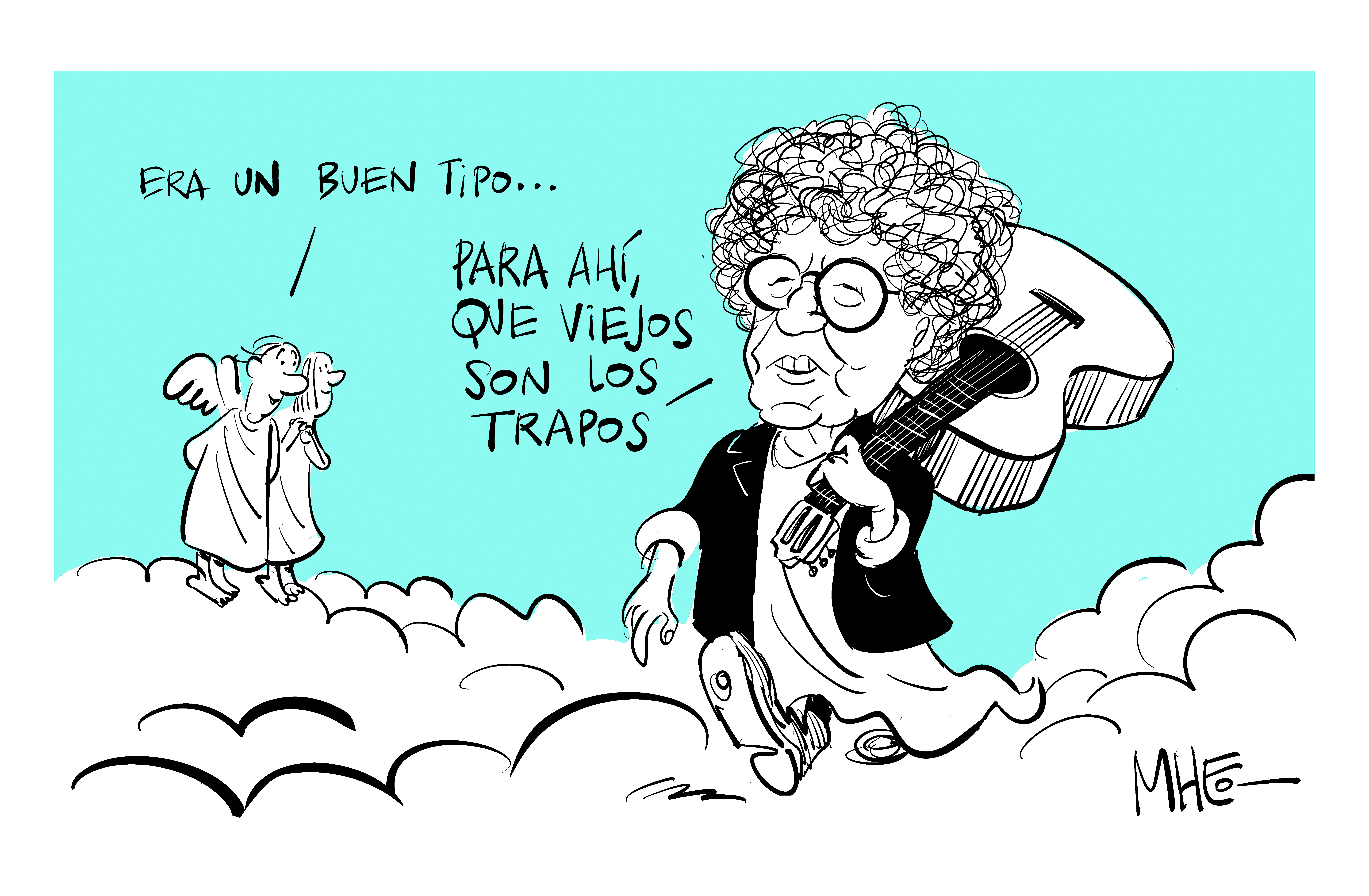 Caricatura de Mheo en homenaje a Piero, quien falleció recientemente.