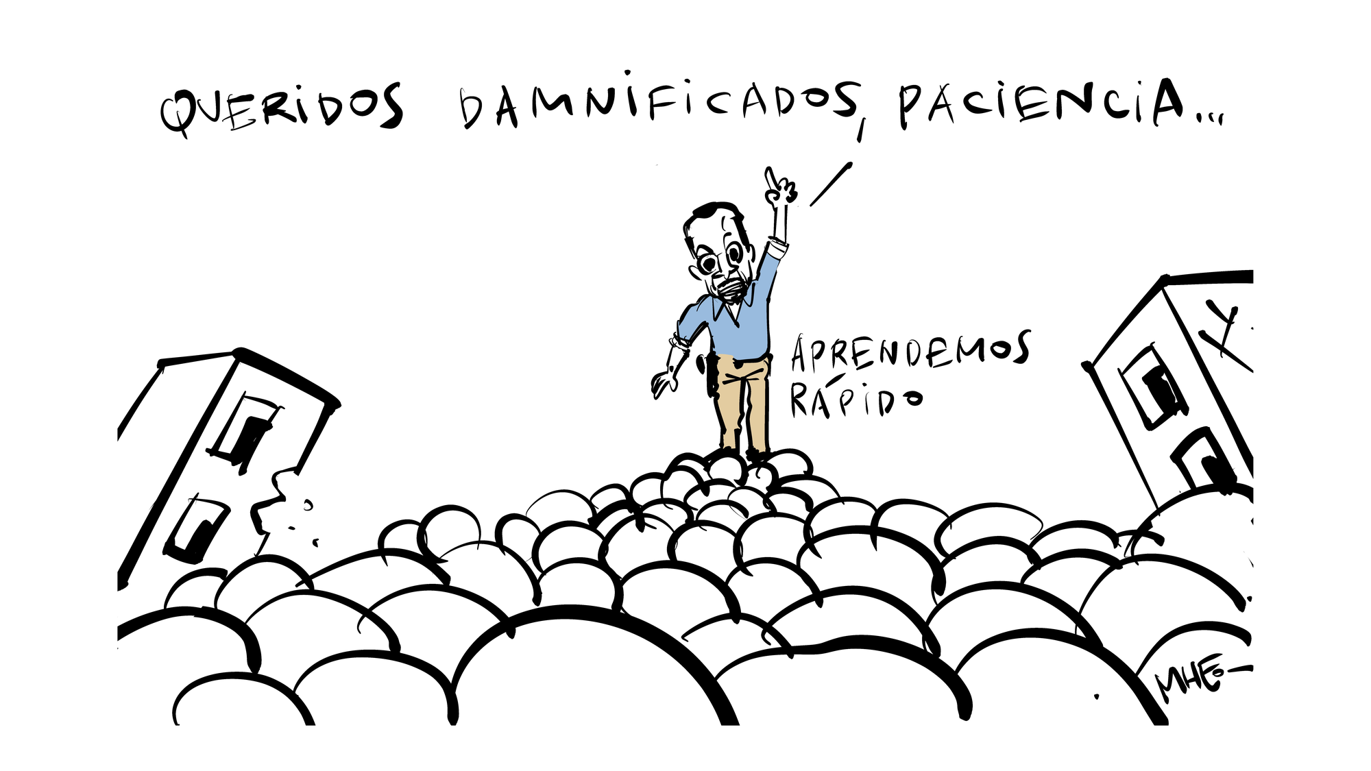 Caricatura de Mheo sobre la lentitud del Gobierno de Abelardo de la Espriella en responder a los daños por el terremoto.