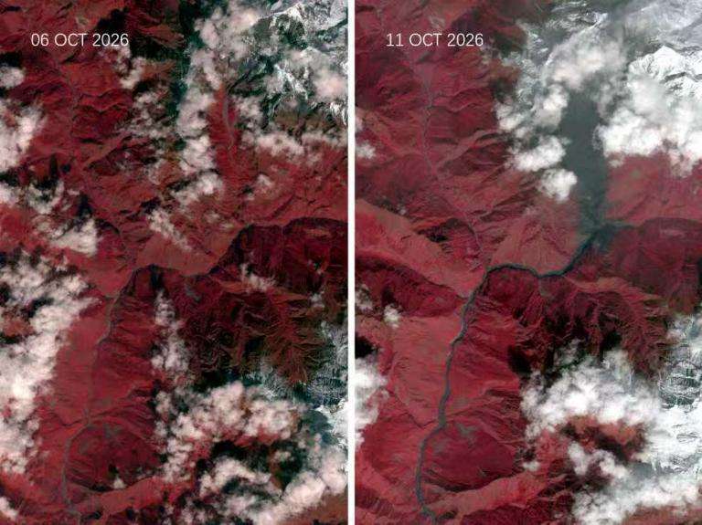 Vista aérea del antes y el después de la inundación que azotó la región de Budhi Gandaki, en la que se aprecia su punto de origen.