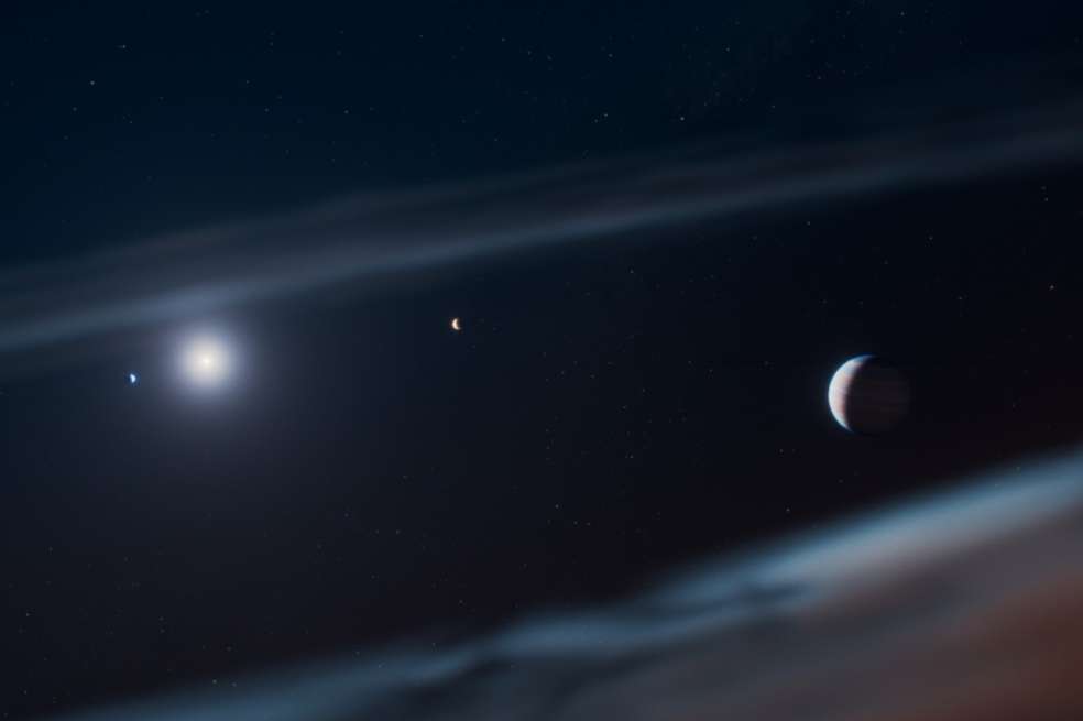 Ilustración del sistema Beta Pictoris, con tres exoplanetas gigantes gaseosos, a 63 años luz de la Tierra.