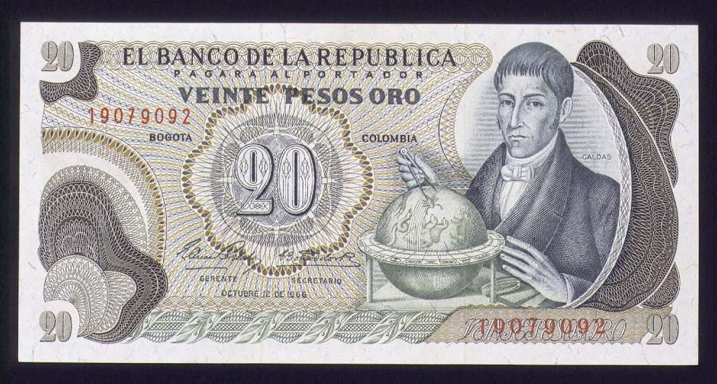 Billete de COP 20 con el "sabio" Caldas.