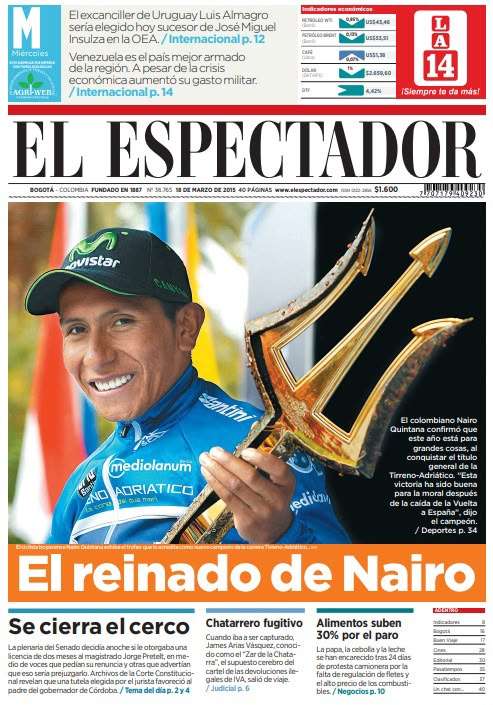 Las portadas de El Espectador que marcaron la carrera de Nairo Quintana.