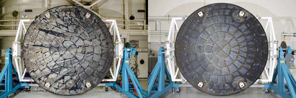 La imagen muestra una comparación posterior a la misión de los escudos térmicos de la nave espacial Orión de las misiones Artemis I (izquierda) y Artemis II (derecha) tras haber sido retirados de sus respectivos módulos de tripulación. Ambos escudos térmicos aparecen girados para su inspección en el interior del Edificio de Operaciones y Verificación del Centro Espacial Kennedy de la NASA, en Florida.