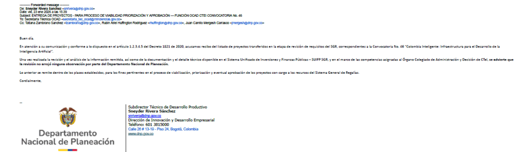 Captura del correo enviado por Sneyder Rivera al Minciencias.