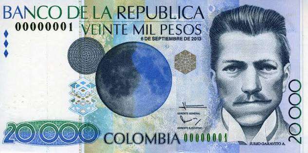 Julio Garavito en el billete de COP 20.000.