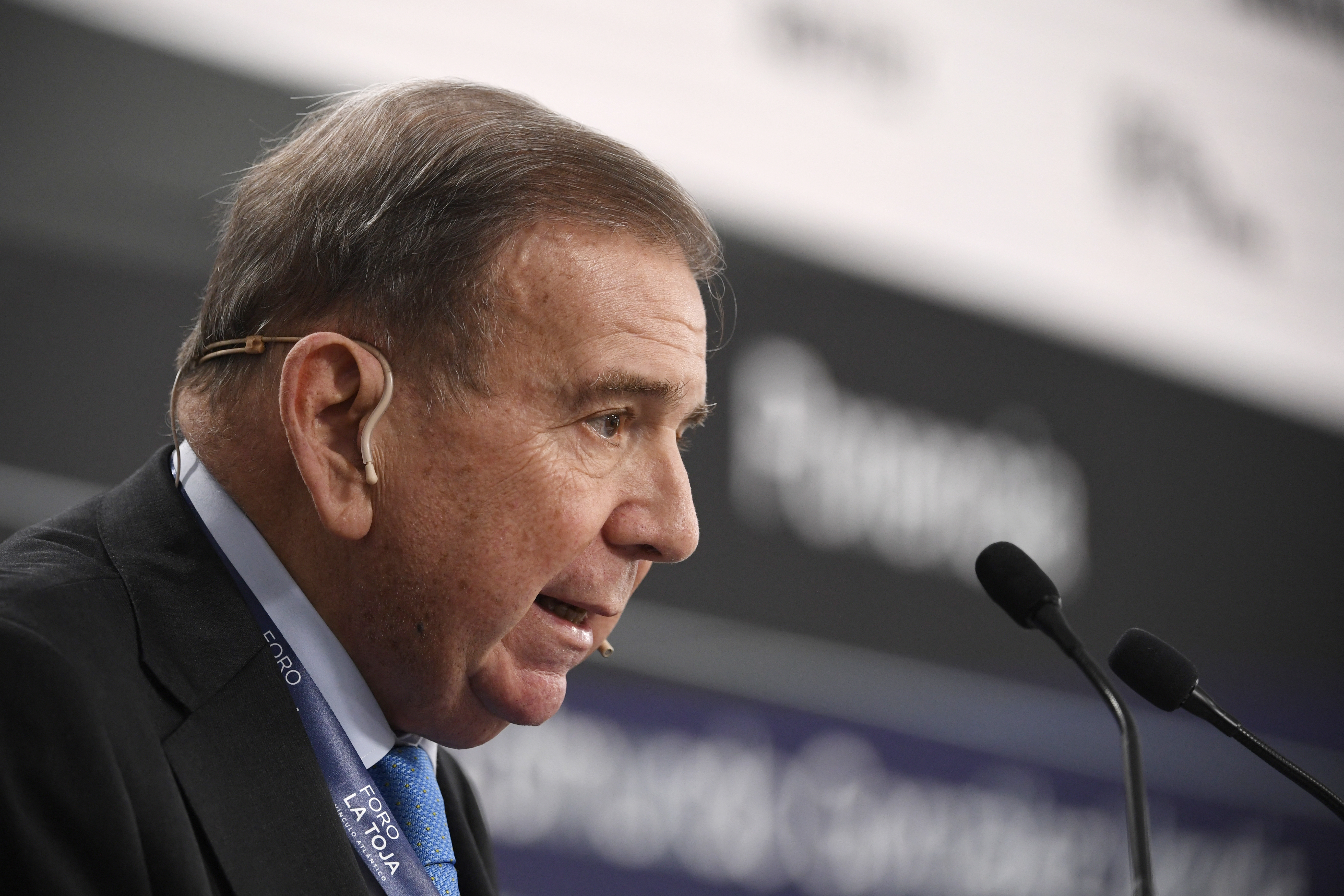 Venezuelan opposition presidential candidate Edmundo Gonzalez Urrutia takes part in the La Toja Forum - Atlantic Link event, in A Illa da Toxa on October 4, 2024. (Photo by MIGUEL RIOPA / AFP)