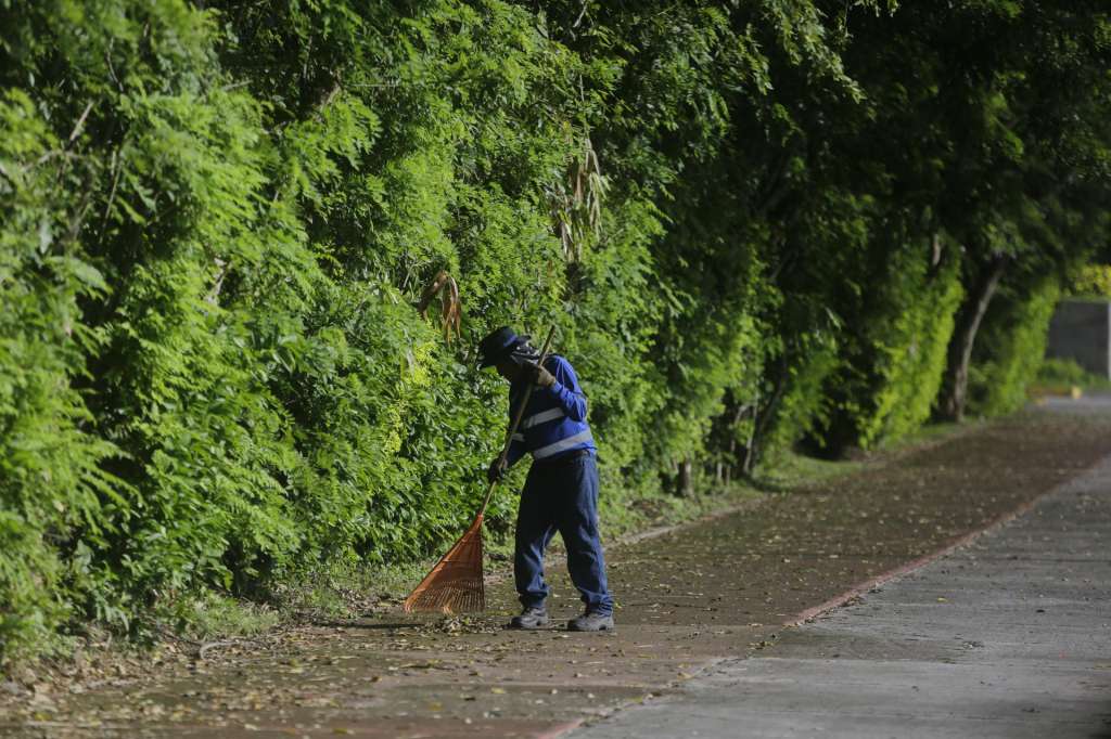 AME3652. CIUDAD DE PANAMÁ (PANAMÁ), 18/07/2025.- Una persona limpia una calle este miércoles, en Ciudad de Panamá (Panamá). La dolarizada economía de Panamá ha dado muestras de dinamización con una expansión del 5,2 % en el primer trimestre de este año, pero el mercado laboral sigue aletargado, con una tasa del 9,5 % que además amenaza con aumentar por la debacle del sector bananero a raíz de un conflicto social. EFE/ Carlos Lemos
