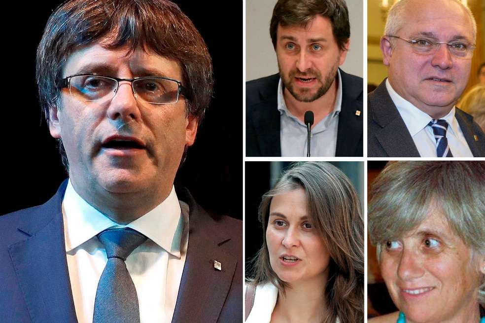 De izquierda a derecha y de arriba a abajo: el expresidente del Gobierno catalán Carles Puigdemont (i) ,el exconsejero de Salud Antoni Comin, el de Cultura Lluís Puig , de Agricultura Meritxell Serret , y de Enseñanza, Clara Ponsatí. / EFE