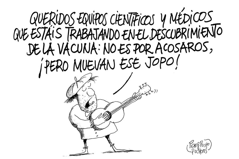 Caricatura pidiendo apurar descubrimiento de la vacuna contra el COVID19.