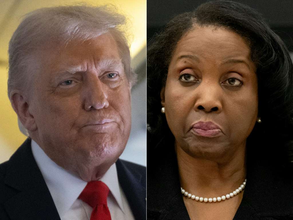 (FILES) (COMBO) This combination of pictures created on September 18, 2025 shows, L/R, US President Donald Trump aboard Air Force One on September 16, 2025 and Lisa Cook, member of the Board of Governors of the US Federal Reserve, in Washington, DC, on June 25, 2025.