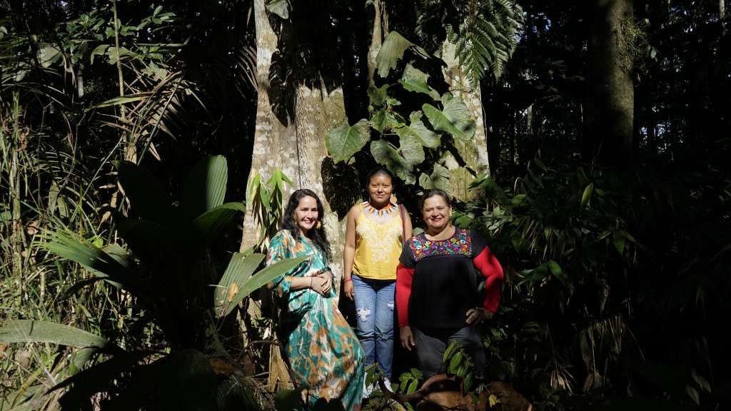 Olga Yaneth Trujillo, Zulma Yulieth Ulcué y Paola Jinneth Silva, fundadoras de Uma Kiwe Madre Tierra.