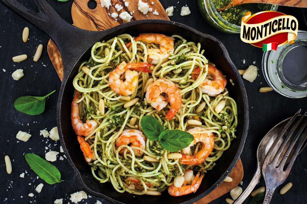Spaghetti con camarones al pesto con Monticello