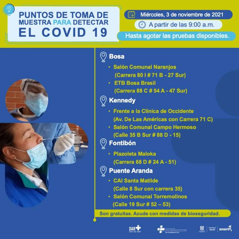 ¿Dónde hay pruebas gratuitas para Covid-19 este miércoles en Bogotá?