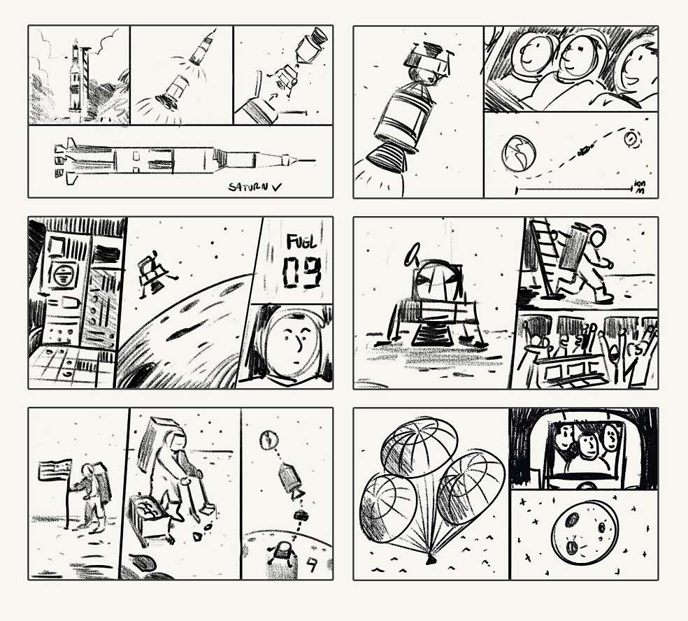 Primeros bocetos de guión gráfico y arte conceptual del artista principal Pedro VerganiGoogleEn el video Collins cuenta datos importantes, como que la fecha del despegue fue en la mañana del 16 de julio de 1969, o que el ordenador que llevaban a bordo, si bien era tecnología de punta para la época, no concentra la potencia informática que tiene hoy un teléfono celular.