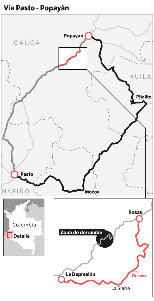 Mapa de la vía Pasto-Popayán y la vía alterna Pasto-Mocoa-Popayán