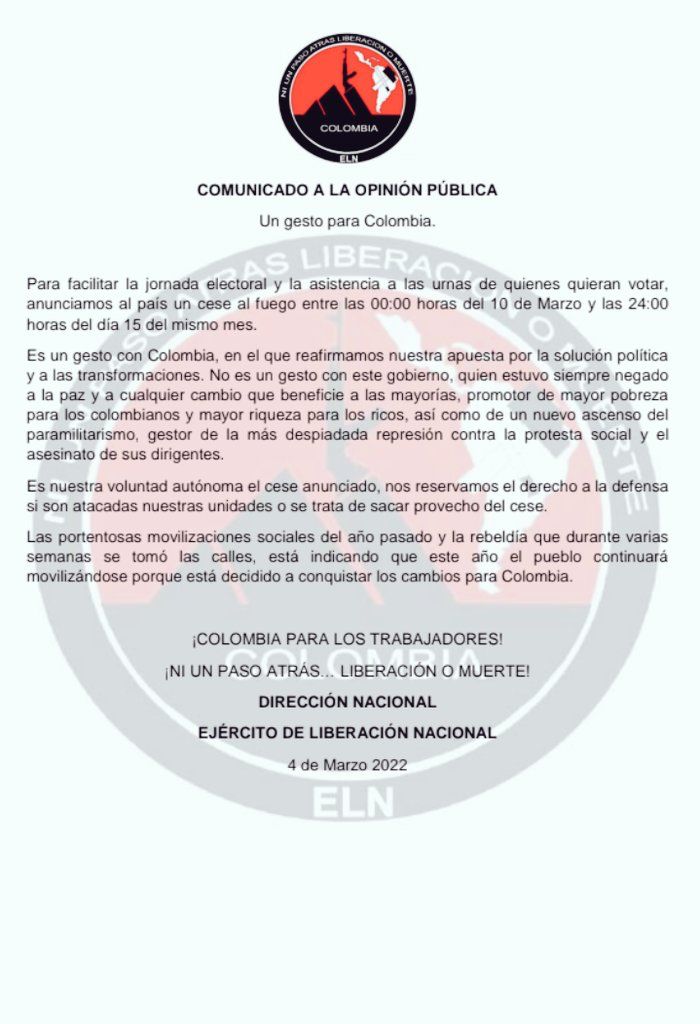 ELN anuncia cese al fuego.
