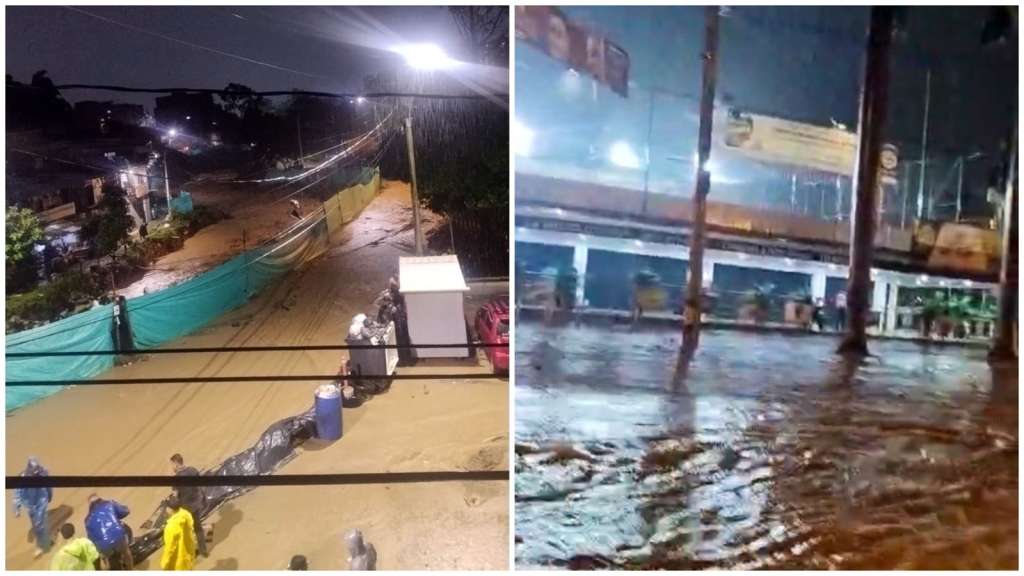 Bomberos de Medellín buscan a un motociclista que fue arrastrado por la corriente durante el aguacero que dejó afectaciones en varios sectores de la ciudad.