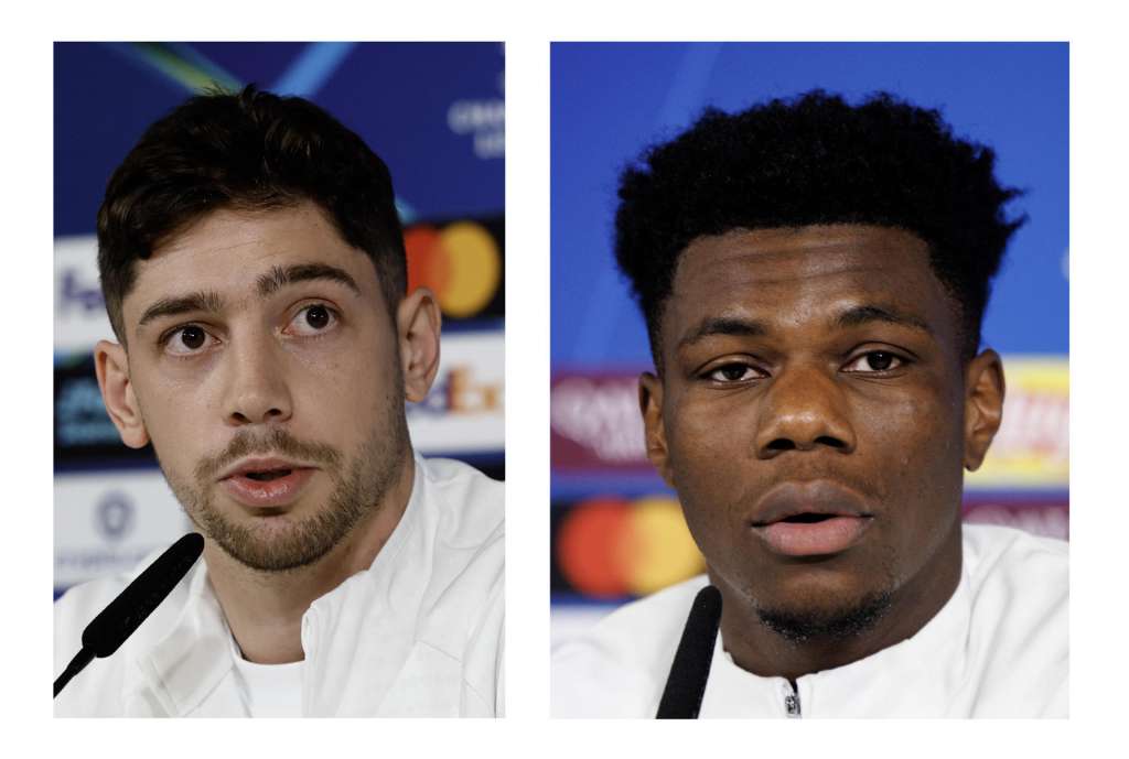MADRID, 10/03/2026.- Combo de imágenes de archivo de los jugadores del Real Madrid Federico Valverde (izda) y Aurélien Tchouamén, durante una rueda de prensa. El Real Madrid anunció esta tarde que ha impuesto una sanción económica a Valverde y Tchouameni por el enfrentamiento que ambos tuvieron en el vestuario de la ciudad deportiva de Valdebebas. EFE/Chema Moya - Sergio Pérez