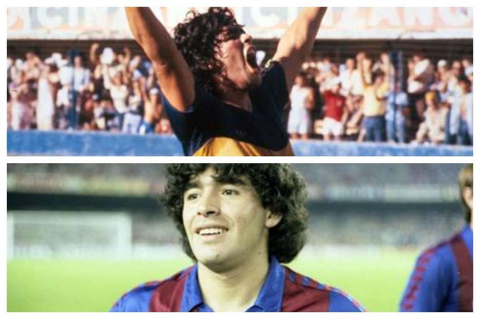Diego Armando Maradona vistiendo las camisetas de Boca Juniors y Barcelona Fútbol Club.