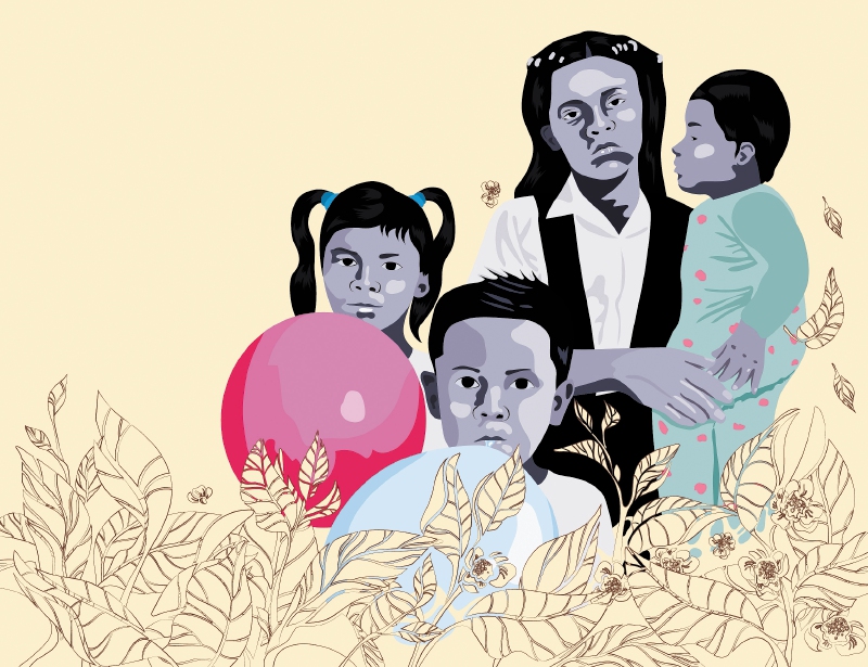 La ceremonia será el 12 de octubre, Día de la Raza. Aquí, Lesly (de 13 años), Soleiny (de 9), Tien Noriel (de 4) y Cristin Neriman (la bebé de un año). / Ilustración de Éder Rodríguez con base en foto familiar y de su casa