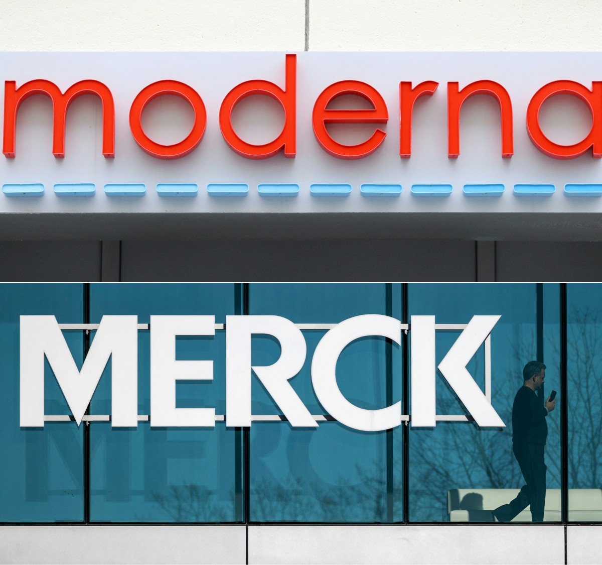 (COMBO) This combination of pictures created on August 19, 2026 shows the Moderna logo at their headquarters on May 8, 2020 in Cambridge, Massachusetts and the Merck logo at their headquarters on February 5, 2024 in Rahway, New Jersey.