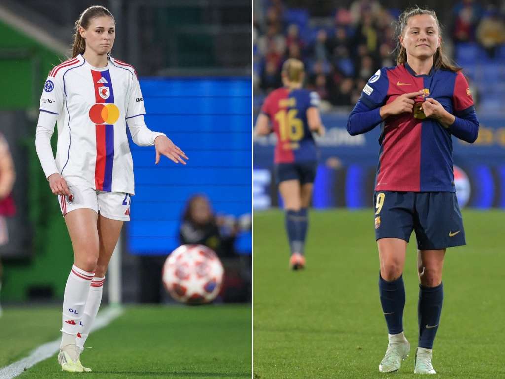 (COMBO) This combination of pictures created on May 21, 2026 shows
Lyon's German midfielder #29 Jule Brand (L) during the UEFA Women's Champions League Quarter final First Leg football match VfL Wolfsburg v Olympique Lyonnais (OL) in Wolfsburg, northern Germany, on March 24, 2026 and Barcelona's Spanish forward #09 Claudia Pina during the UEFA Women's Champions League quarter-final second-leg football match between FC Barcelona and VfL Wolfsburg at the Estadi Johan Cruyff in Barcelona, on March 27, 2025.