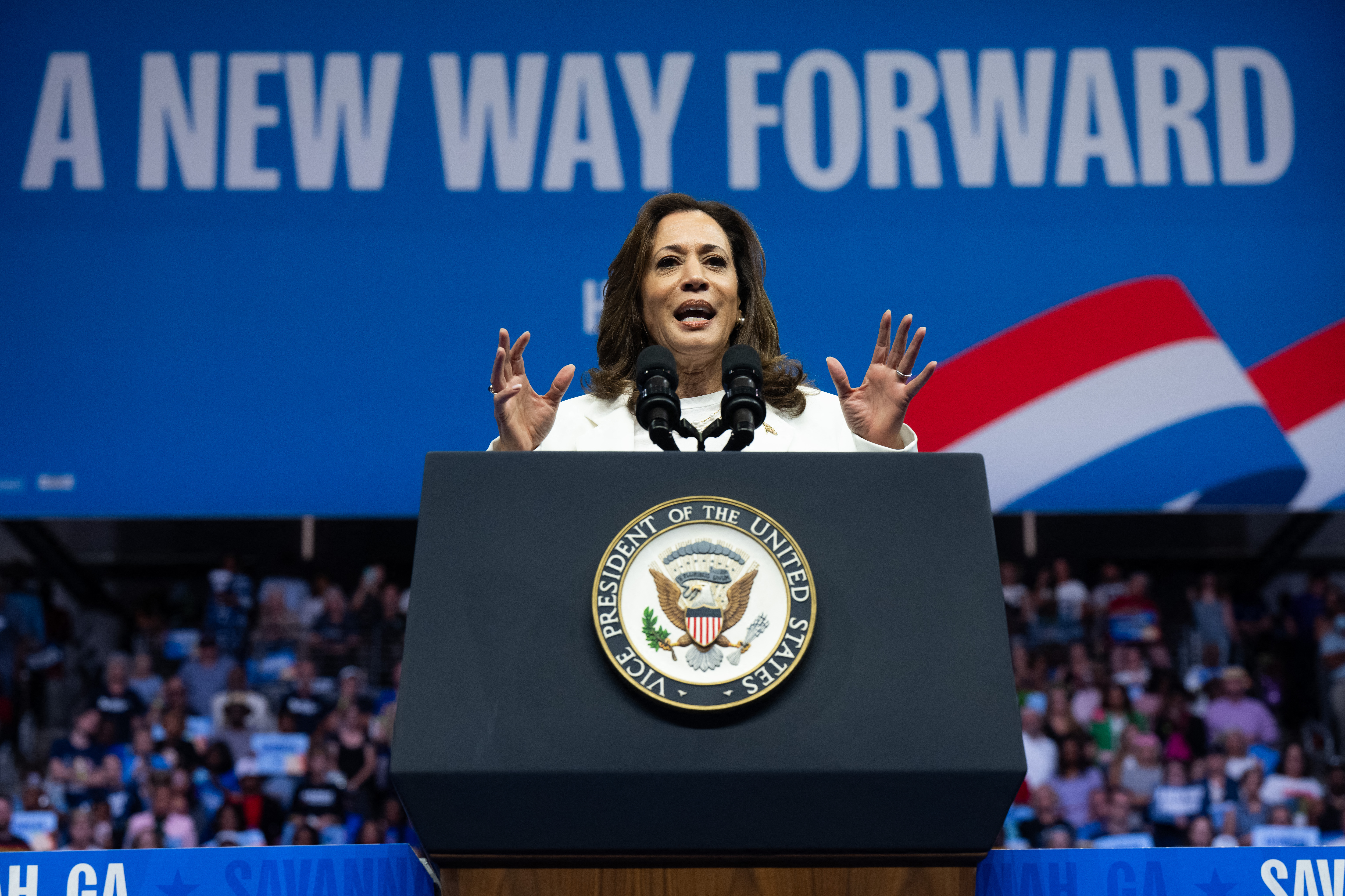 (FILES) Democratic presidential candidate US Vice President Kamala Harris speaks at a campaign rally at Enmarket Arena during a two-day campaign bus tour in Savannah, Georgia, on August 29, 2024.