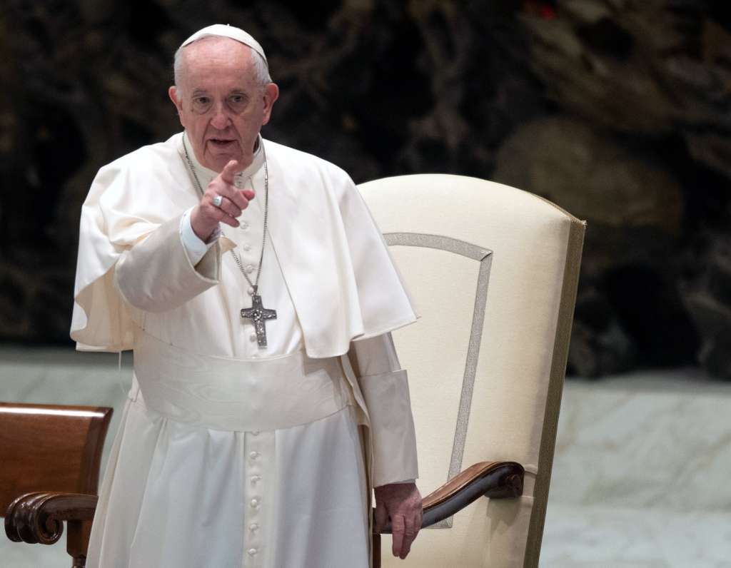 Vatican City (Vatican City State (holy See)), 23/02/2022.- Pope Francis gestures during the weekly general audience in the Paul VI Audience Hall, in Vatican City, 23 February 2022. (Papa) EFE/EPA/MAURIZIO BRAMBATTI