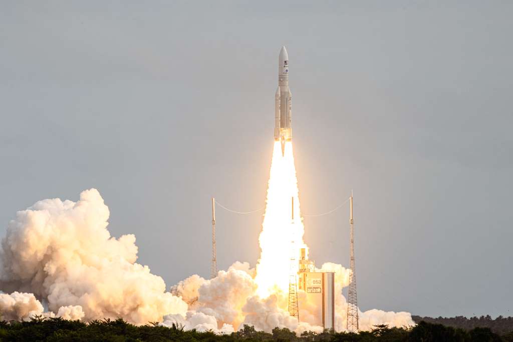 (FILES) This photograph taken on April 14, 2023, shows Arianespace's Ariane 5 rocket lifting off from its launchpad, at the Guiana Space Center in Kourou, French Guiana.
