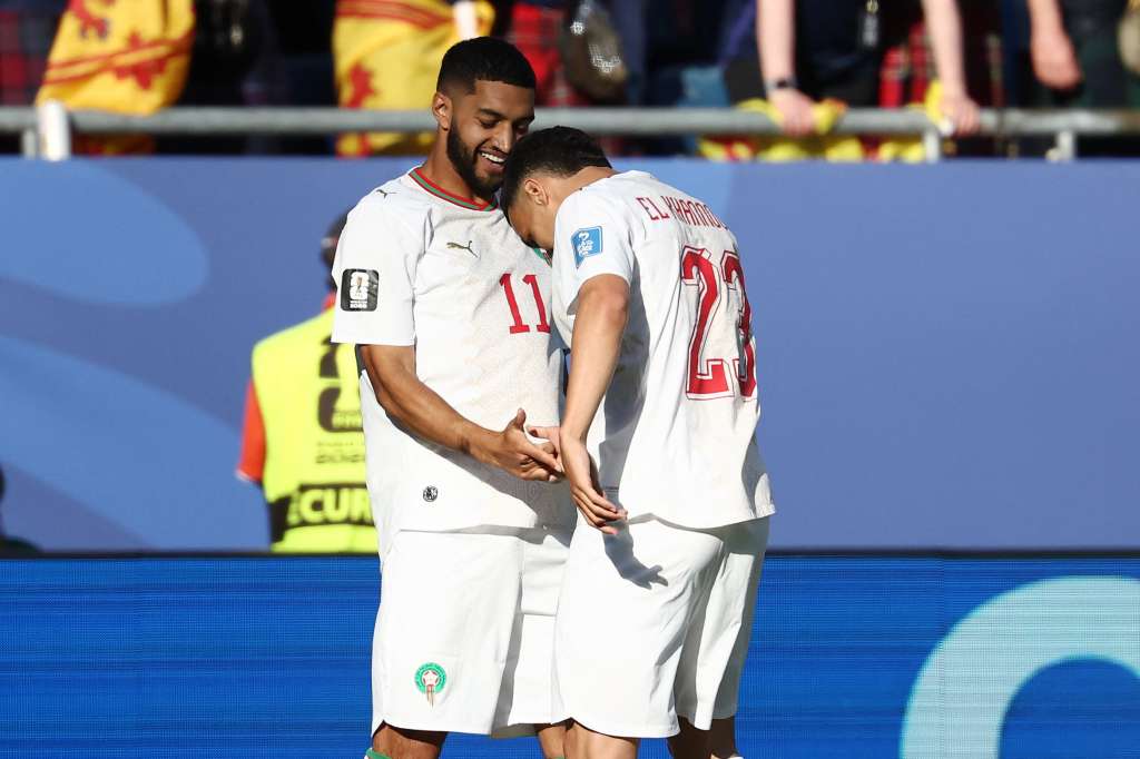 Ismael Saibari celebra con Bilal El Khannouss su gol contra Escocia en el segundo partido de Marruecos en el grupo C de la Copa Mundial de la FIFA 2026, este viernes 19 de junio en el Gillette Stadium de Boston, Estados Unidos.