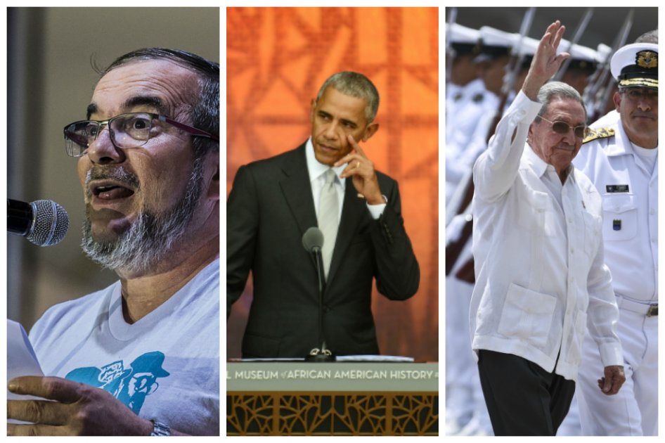 "Timochenko" en los Llanos del Yarí, Barack Obama en Washington y Raúl Castro en Cartagena. / AFP