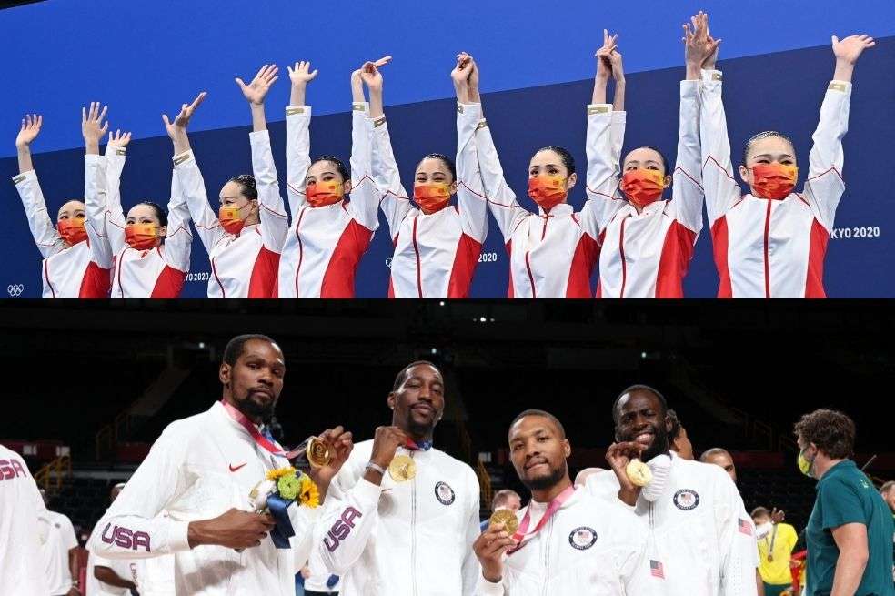 El equipo femenino de Natación artística chino y el equipo de baloncesto masculino de los Estados Unidos.