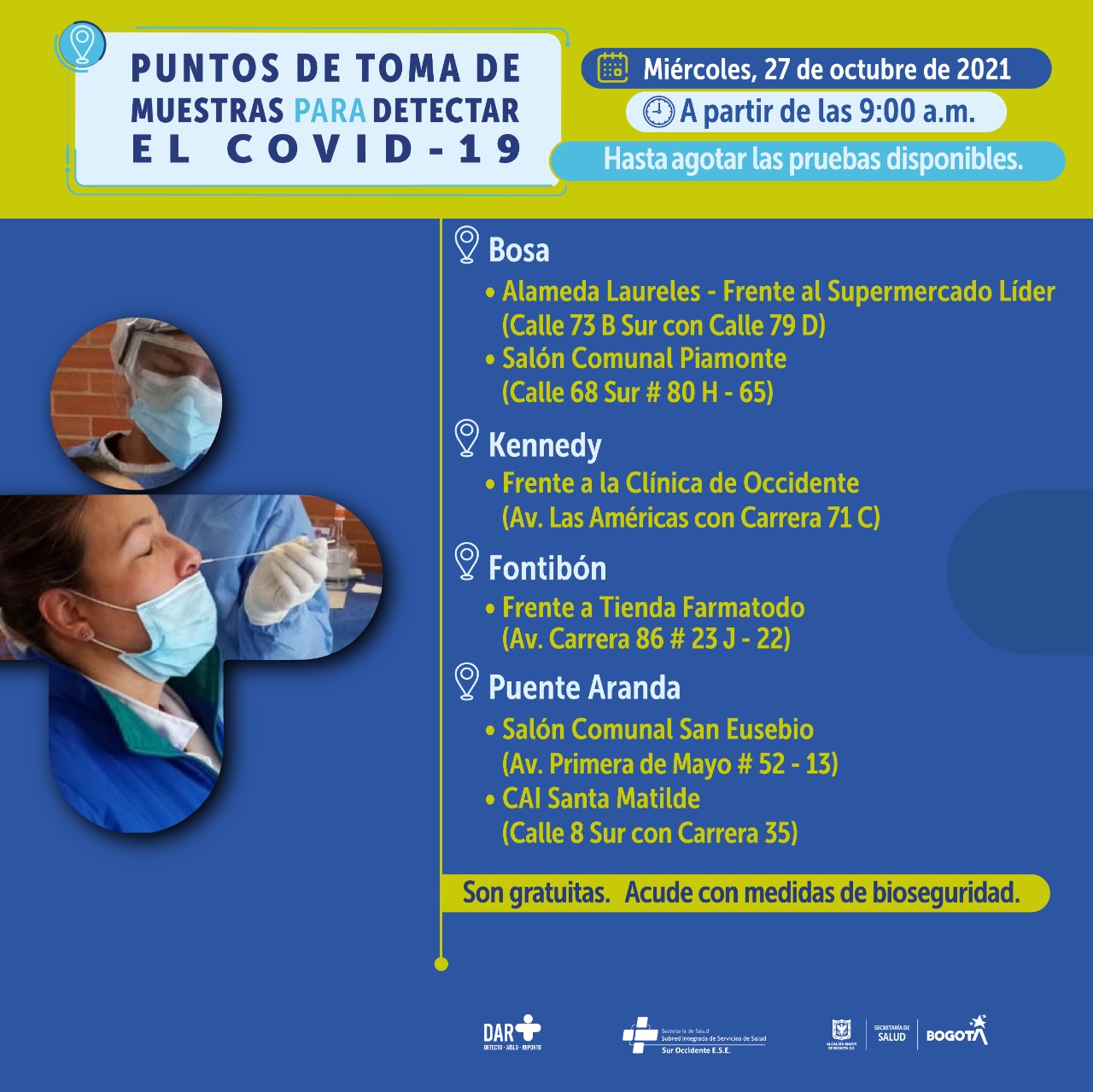 Estos son los puntos para toma de pruebas COVID-19 este miércoles en Bogotá.