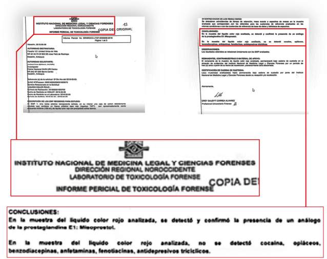 Facsímil del informe de Medicina Legal que analizó el jugo Hit y encontró que tenía Misoprostol, una sustancia abortiva, en caso de embarazo.