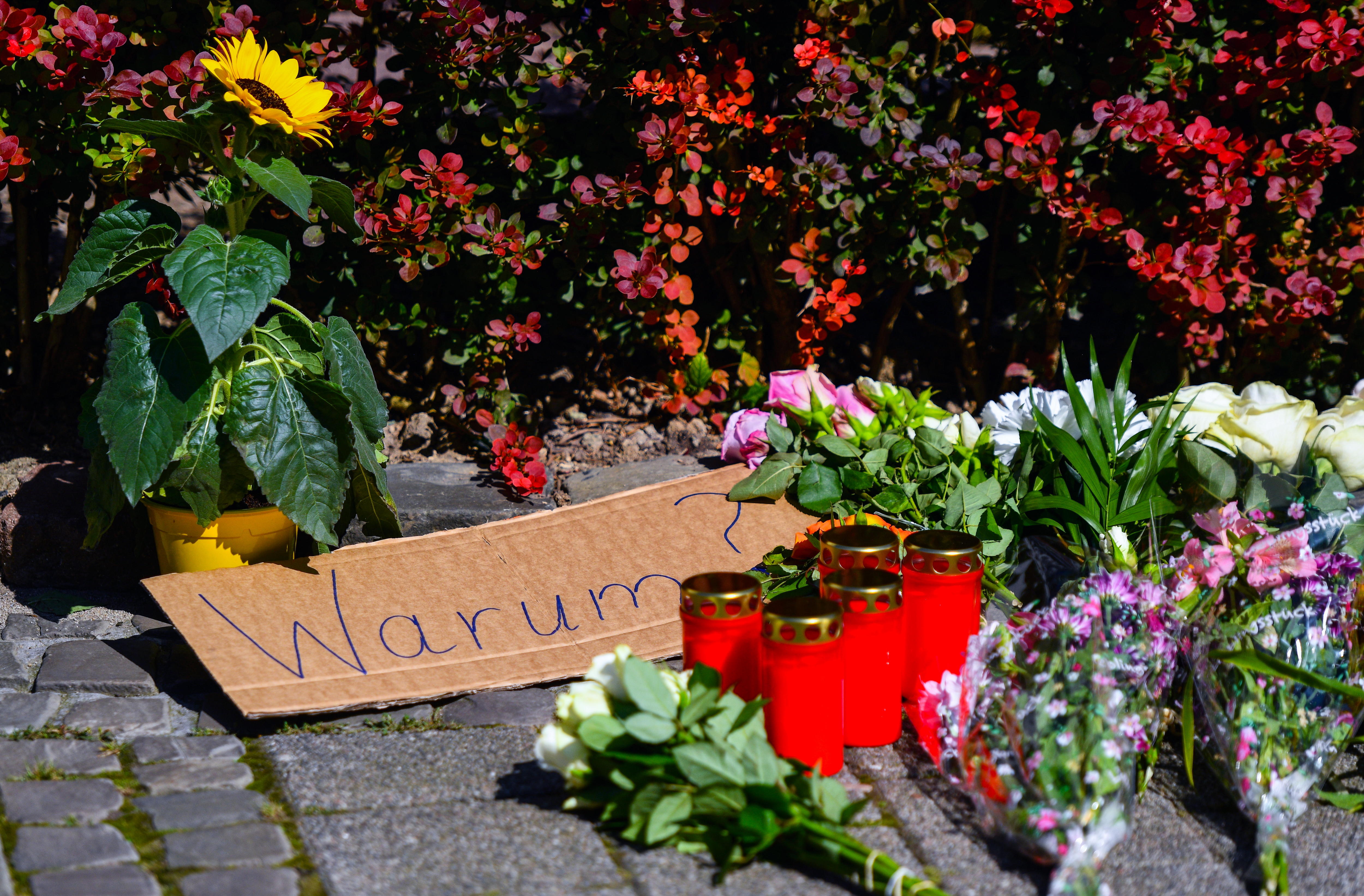 Solingen (Germany), 24/08/2024.- A placard reading 'Why?' among flowers and tributes placed on a sidewalk near the scene after a knife attack, in Solingen, Germany, 24 August 2024. A man stabbed passers-by at random with a knife during the city festival in Solingen on 23 August evening. Three people have been killed and eight others injured, five of them seriously, in the knife attack, police said. Police announced the arrest of a person in connection with the attack as part of a large-scale manhunt for the perpetrator. (Alemania) EFE/EPA/VOLKER HARTMANN