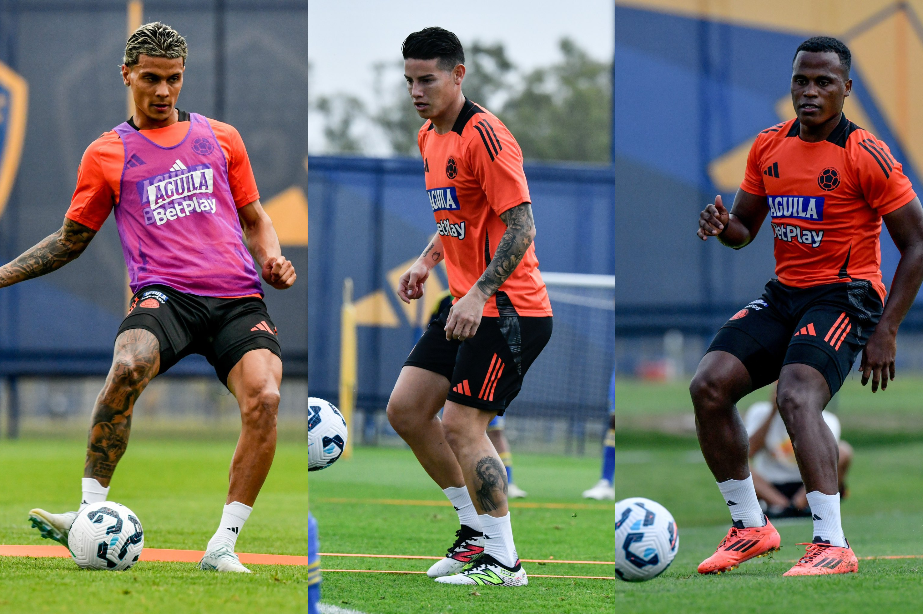 Richard Ríos, James Rodríguez y Jhon Arias, en el entrenamiento de la selección de Colombia.