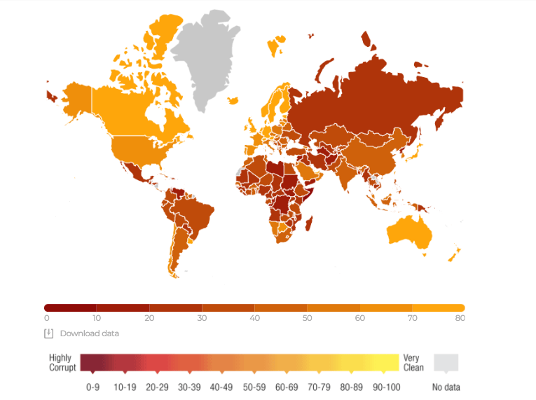Índice de Percepción de la Corrupción de Transparencia Internacional. El color rojo indica una mayor percepción de corrupción y el amarillo una menor.