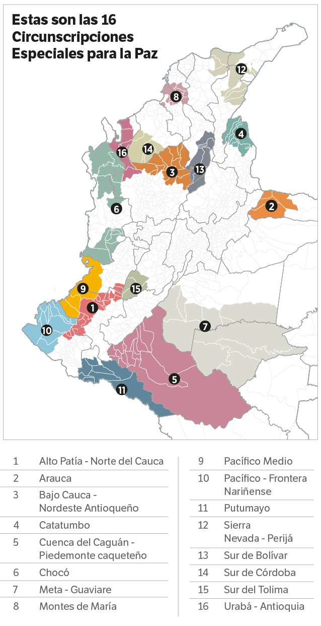 Así se encuentran ubicadas las 16 Circunscripciones Especiales para la Paz en el país.