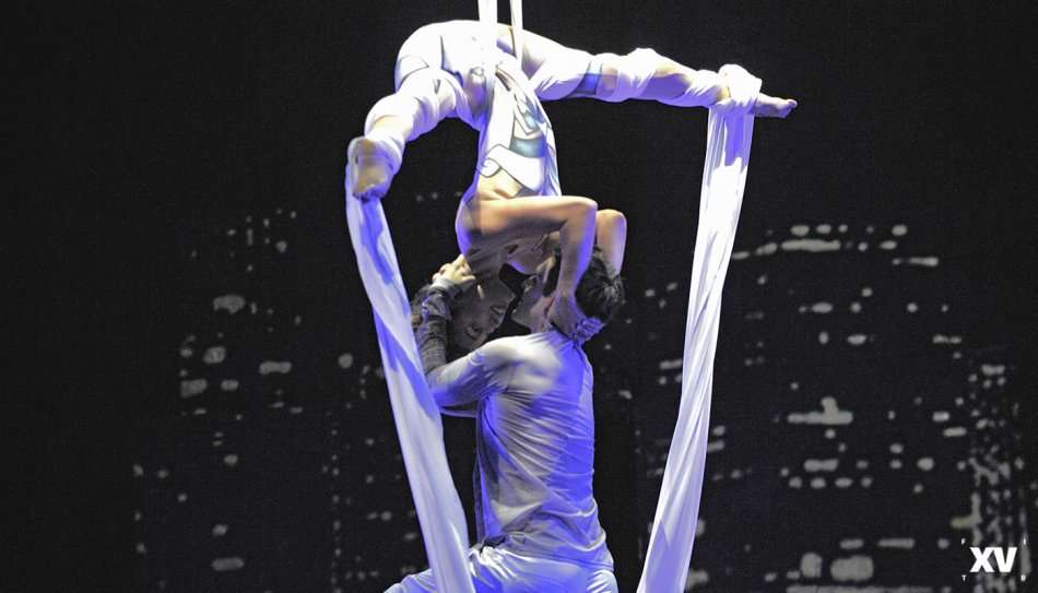 Acróbatas aéreos del Cirque Éloize en uno de sus números. / Cortesía: Festival Iberoamericano de Teatro de Bogotá.