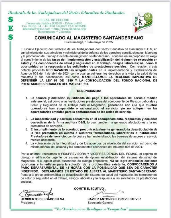 Este fue el comunicado del sindicato de Santander.