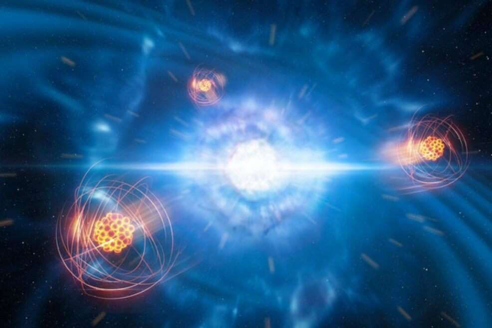 Representación del estroncio emergiendo de una fusión de estrellas de neutrones. / Agencia SINC - ESO/L. Calçada/M. Kornmesser
